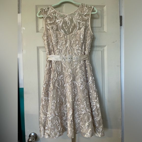 Adam Dresses & Skirts - Elegant Cream Lace A-Line Dress with Satin Belt